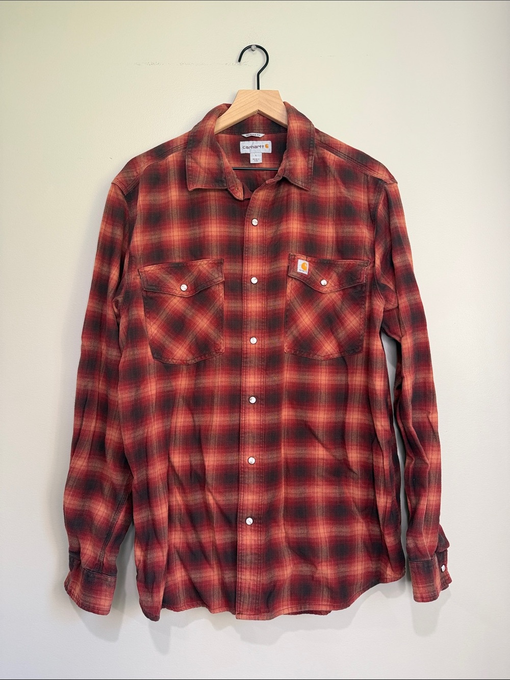 Carhartt Men's Orange-Red Plaid Button-Down Work Shirt 97% Cotton Large